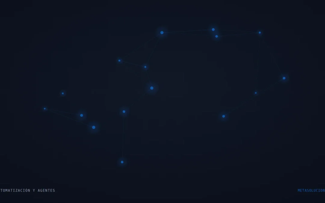 Ilustración abstracta de una red de nodos conectados en azul sobre fondo oscuro, representando automatización personal con agentes de IA.