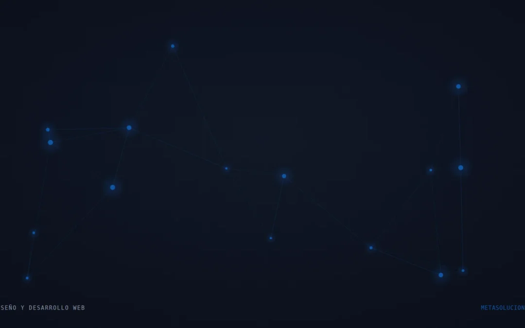 Ilustración abstracta de una red de nodos conectados en azul sobre fondo oscuro, representando la generación de plantillas web con IA.