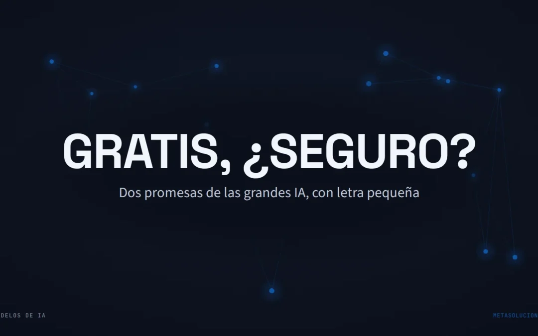 Cabecera del artículo con el texto GRATIS, ¿SEGURO? sobre una constelación de nodos azules en fondo oscuro. Dos promesas de las grandes IA, con letra pequeña.