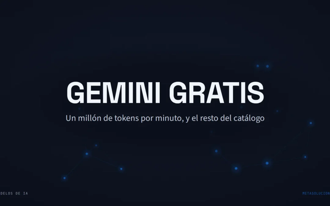 Cabecera del artículo con el texto GEMINI GRATIS sobre una constelación de nodos azules en fondo oscuro. Un millón de tokens por minuto, y el resto del catálogo.
